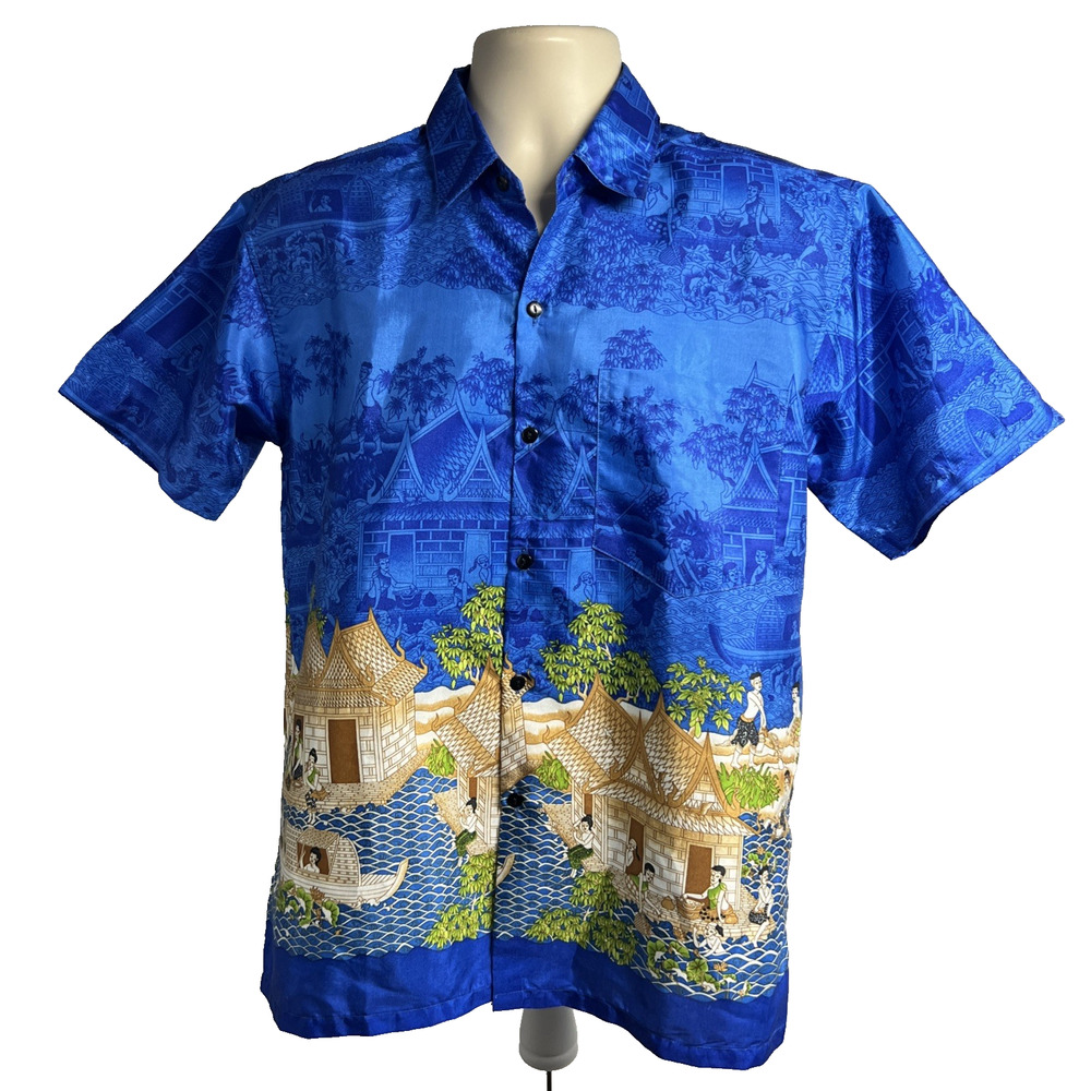 Thai Silk Siew Chang Huat Blue Gold Button Up Shirt Small Pocket All Over Print